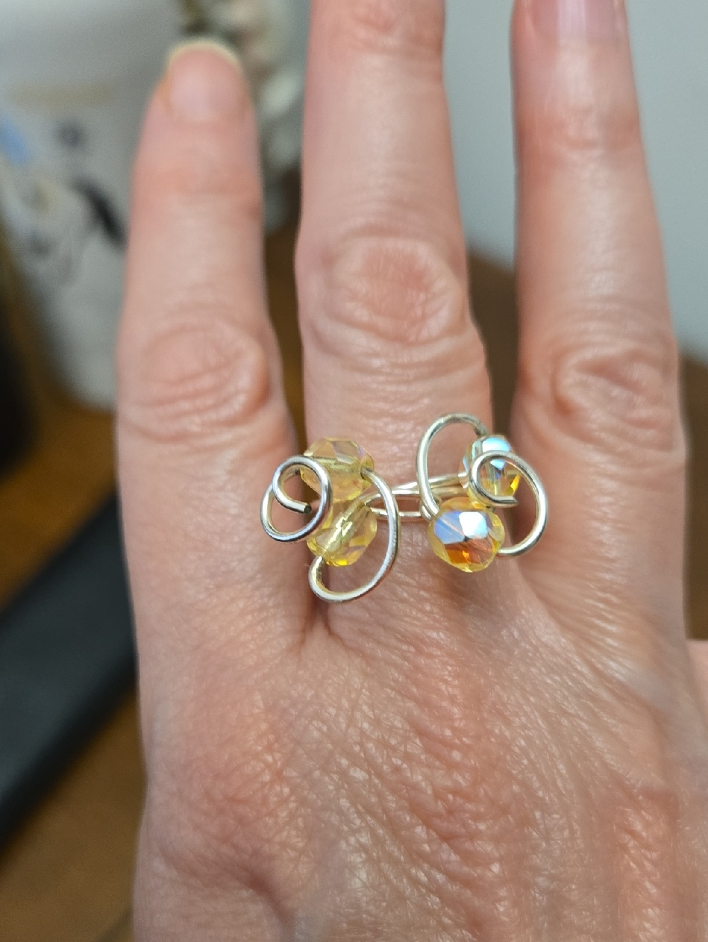 Handcrafted Yellow Crystal Wire Wrap Ring - size 7